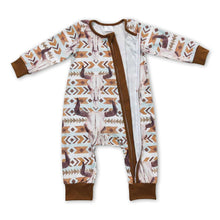 Load image into Gallery viewer, Brown pockets bull skull western baby boy zipper romper