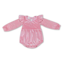 Load image into Gallery viewer, Long sleeves pink velvet ruffle baby girls romper