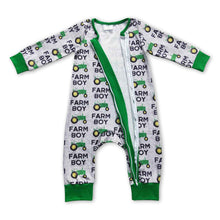 Load image into Gallery viewer, Green tractor farm boy ruffle baby zipper romper