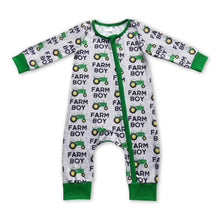 Load image into Gallery viewer, Green tractor farm boy ruffle baby zipper romper