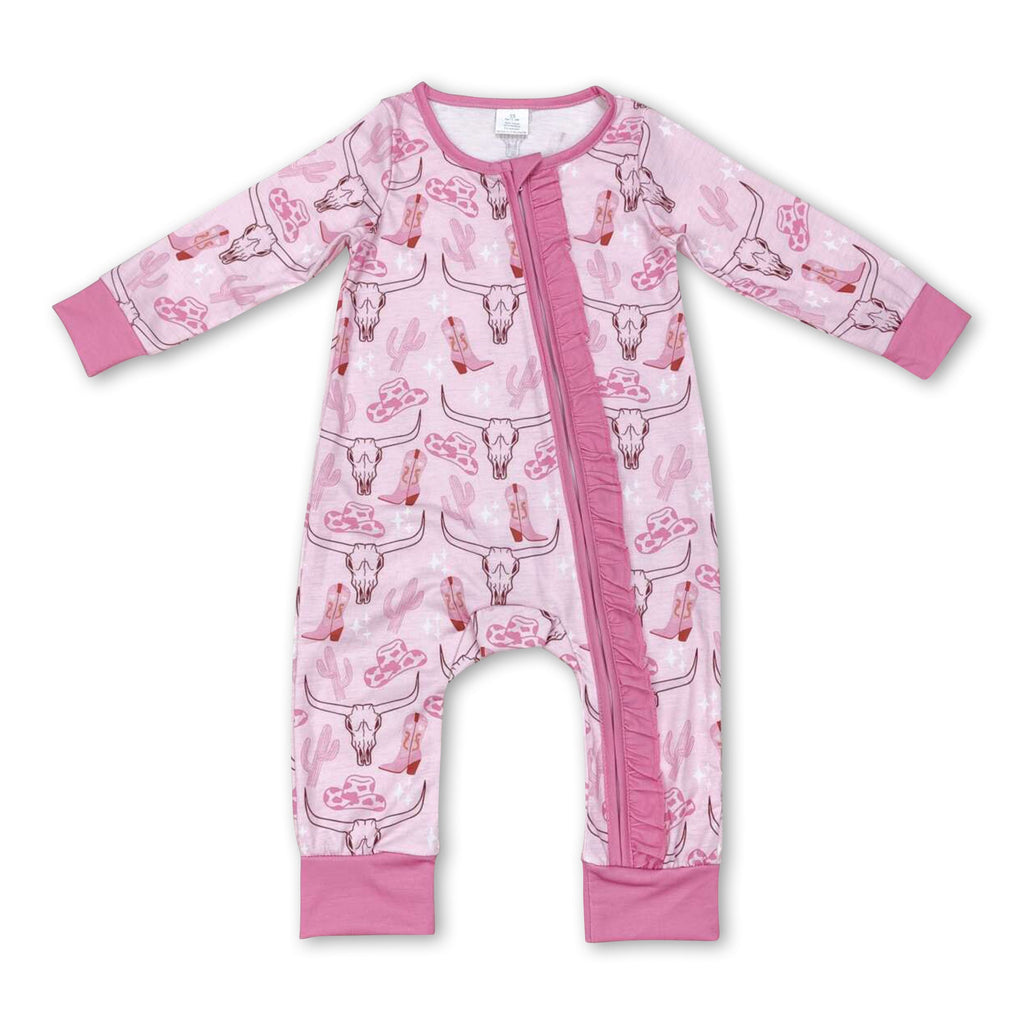 Pink boots cactus bull skull baby girls zipper romper