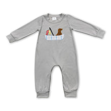 Load image into Gallery viewer, Dog fish plaid boat grey baby boy romper