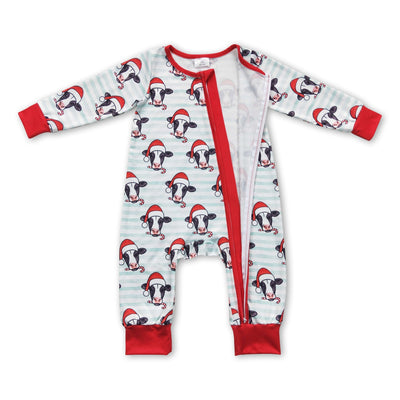 Christmas hat cow stripe baby kids zipper romper