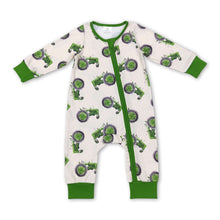 Load image into Gallery viewer, Green tractor baby boy farm zipper romper