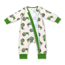 Load image into Gallery viewer, Green tractor baby boy farm zipper romper