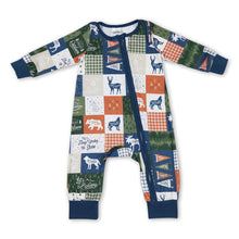 Load image into Gallery viewer, Let's go camping deer patchwork baby kids zipper romper