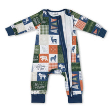 Load image into Gallery viewer, Let's go camping deer patchwork baby kids zipper romper
