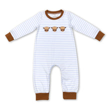 Load image into Gallery viewer, Light blue stripe highland cow baby boy romper