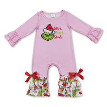Load image into Gallery viewer, Long sleeves pink green face ruffle baby girls Christmas romper