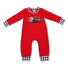Load image into Gallery viewer, Red plaid truck heart ruffle baby boy Valentine's romper