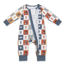 Load image into Gallery viewer, Bull skull cactus boots plaid baby western zipper romper