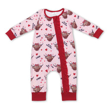 Load image into Gallery viewer, Be my valentine highland cow heart baby girls romper