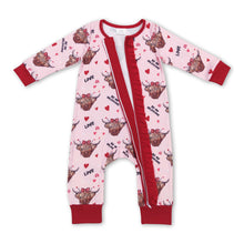 Load image into Gallery viewer, Be my valentine highland cow heart baby girls romper
