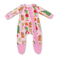 Load image into Gallery viewer, Pink green face Christmas tree gift baby zipper footed coveralls