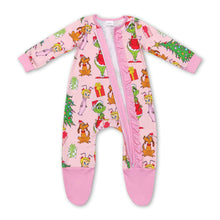 Load image into Gallery viewer, Pink green face Christmas tree gift baby zipper footed coveralls