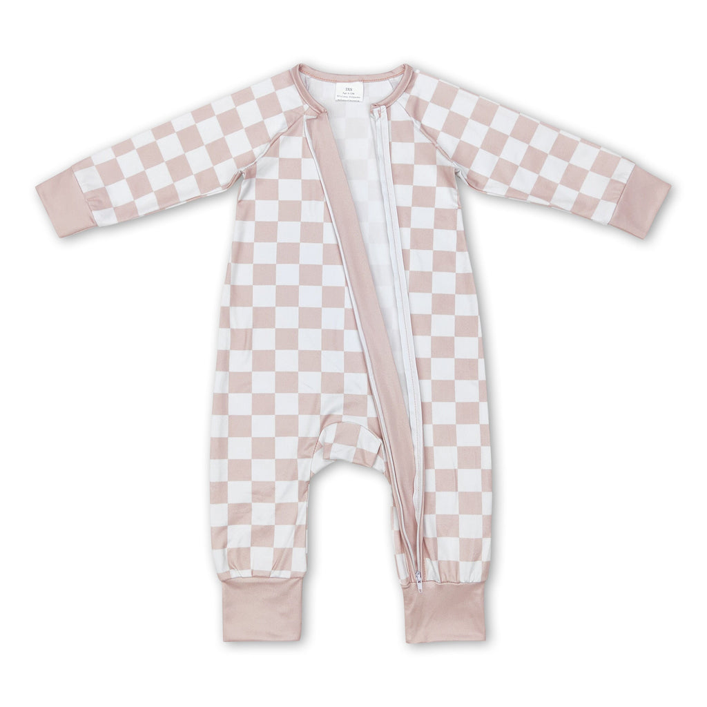 Khaki plaid long sleeves baby kids zipper romper
