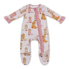 Load image into Gallery viewer, Pink ruffle boots western baby footed zipper coveralls
