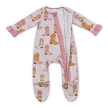 Load image into Gallery viewer, Pink ruffle boots western baby footed zipper coveralls