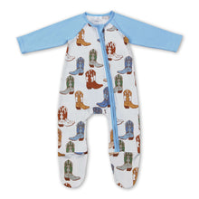 Load image into Gallery viewer, Blue ruffle boots western baby boys footed zipper coveralls