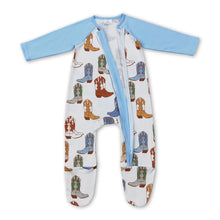 Load image into Gallery viewer, Blue ruffle boots western baby boys footed zipper coveralls
