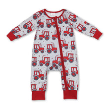 Load image into Gallery viewer, Red heart tractor baby boy valentine's day zipper romper
