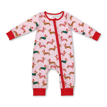 Load image into Gallery viewer, Long sleeves pink dog baby girls Christmas zipper romper