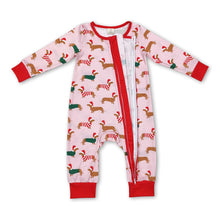 Load image into Gallery viewer, Long sleeves pink dog baby girls Christmas zipper romper