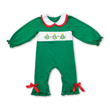 Load image into Gallery viewer, Green smocked Christmas tree baby girls romper