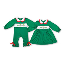 Load image into Gallery viewer, Green smocked Christmas tree baby girls romper