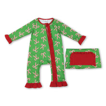 Load image into Gallery viewer, Green candy cane baby girls Christmas zipper romper