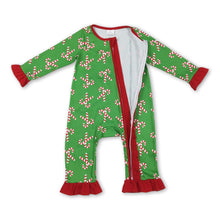 Load image into Gallery viewer, Green candy cane baby girls Christmas zipper romper