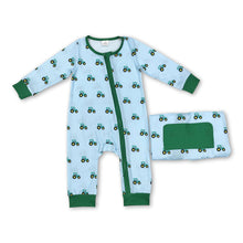 Load image into Gallery viewer, Long sleeves green tractor baby boy zipper farm romper