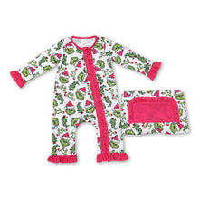 Load image into Gallery viewer, Hot pink green face Christmas tree baby girls zipper romper
