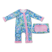Load image into Gallery viewer, Pink ruffle watercolor blue floral baby girls zipper romper