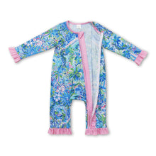Load image into Gallery viewer, Pink ruffle watercolor blue floral baby girls zipper romper