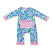 Load image into Gallery viewer, Pink ruffle watercolor blue floral baby girls zipper romper