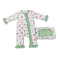 Load image into Gallery viewer, Ruffle Christmas berry pink bow baby girls zipper romper