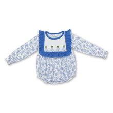 Load image into Gallery viewer, Light blue Christmas tree floral baby girls romper