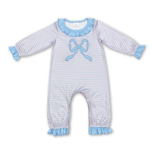 Load image into Gallery viewer, Ruffle long sleeves light blue bow stripe baby girls romper