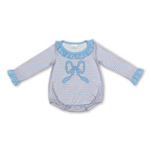 Load image into Gallery viewer, Long sleeves light blue bow stripe baby girls romper