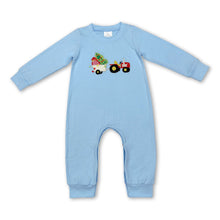 Load image into Gallery viewer, Light blue Christmas tree truck baby boy romper