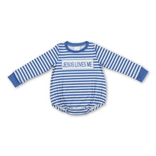 Load image into Gallery viewer, Blue stripe Jesus loves me baby boy romper