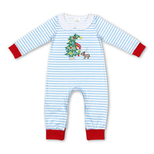 Load image into Gallery viewer, Light blue stripe Christmas tree baby boy romper