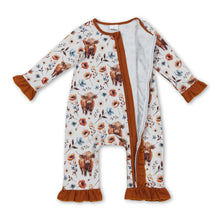 Load image into Gallery viewer, Brown ruffle highland cow floral baby girls zipper romper