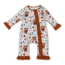 Load image into Gallery viewer, Brown ruffle highland cow floral baby girls zipper romper