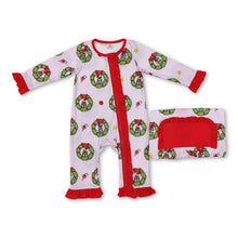 Load image into Gallery viewer, Pink green face ruffle baby girl Christmas zipper romper
