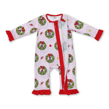 Load image into Gallery viewer, Pink green face ruffle baby girl Christmas zipper romper
