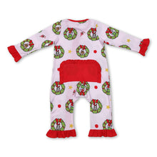 Load image into Gallery viewer, Pink green face ruffle baby girl Christmas zipper romper