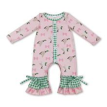 Load image into Gallery viewer, Green plaid ruffle duck bow baby girls romper