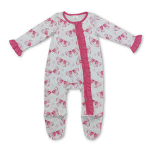 Load image into Gallery viewer, Long sleeves pink bow ruffle girls footed zipper romper